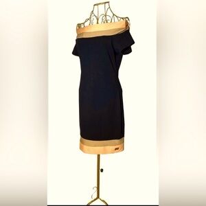 Vintage Morena Rosa Off-Shoulder Dress, Cap Sleeves, Black w/ Orange/Tan Trim, L